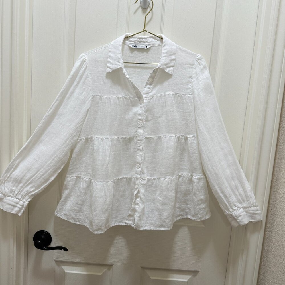 ZARA Women's 100% Linen Tunic Blouse Size XS White Cottagecore Feminine Coastal